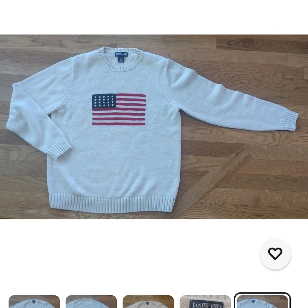 Lands' End White Crew Neck Sweater with American Flag